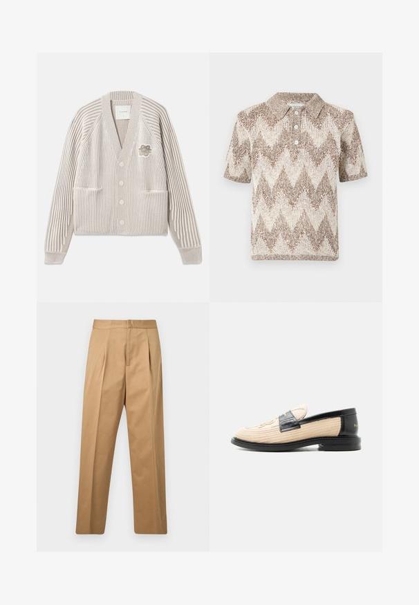 Beige og hvid stribet strikcardigan med lange ærmer, frontknapper, to lommer og en lille blomsterapplikation på brystet.; Kortærmet strikket polo med brun og creme zigzag mønster og tre hvide knapper på kravepladen.; Beige bukser med lige ben, forlommer, linning og skjult lukkemekanisme foran, vist på en ensartet lysegrå baggrund.; Beige vævet loafer med sort skindkant, rundet tå, sort sål og dekorativt syet mønster på oversiden.
