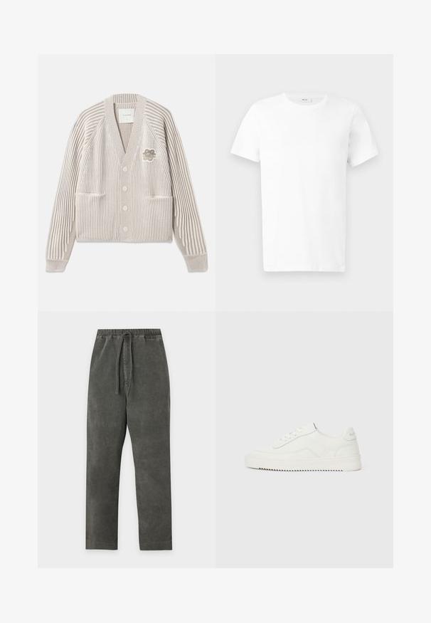 Beige og hvid stribet strikcardigan med lange ærmer, frontknapper, to lommer og en lille blomsterapplikation på brystet.; Hvid kortærmet bomulds-T-shirt med rund hals, vist fladt på en lys grå baggrund.; Mørkegrå kordbuksere med elastisk talje og snøre, lige ben pasform, ingen synlige lommer, vist på hvid baggrund.; Hvid lavskoet lædersneaker med snørelukning, tekstureret hælkappe og let rillede hvide gummisål på en ensfarvet lys baggrund.