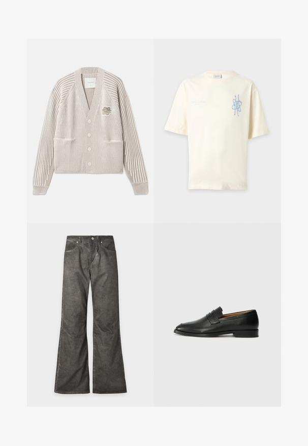 Beige en wit gestreepte gebreide cardigan met lange mouwen, knopen aan de voorkant, twee zakken en een kleine bloemenpatch op de borst.; Off-white T-shirt met korte mouwen, lichtblauw abstract ontwerp en kleine cursieve tekst op de linkerborst.; Donkergrijze broek met wijde pijpen, voorzakken, knoopsluiting en zichtbare stikseldetails overal.; Zwarte leren instapper met een ronde neus, subtiele stikdetails en een lage hak, met een gladde textuur en een minimalistisch ontwerp.