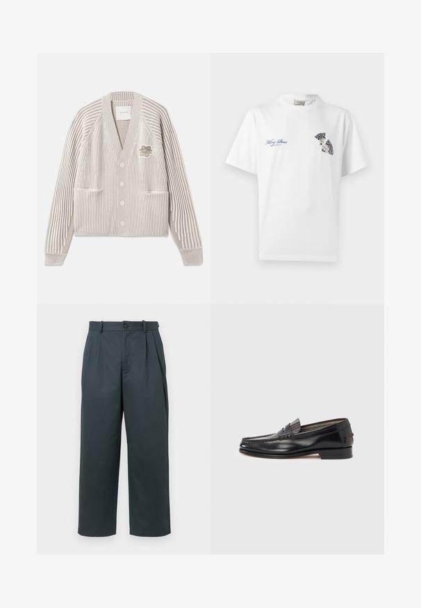Cardigan en tricot rayé beige et blanc avec des manches longues, des boutons sur le devant, deux poches et une petite patch fleur sur la poitrine.; T-shirt blanc à col rond avec texte bleu "Filling Pieces" et graphique décoratif d'une assiette cassée sur la partie supérieure de la poitrine.; Pantalons larges en vert foncé fabriqués en tissu léger et doux. Avec des plis à l'avant, une fermeture à bouton et des passants de ceinture. Design ajusté.; Mocassins en cuir noir avec un design de style mocassin, présentant une bande décorative et un détail de couture sur le dessus. Talon bloc bas.