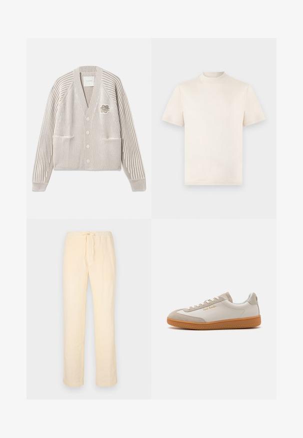 Beige og hvid stribet strikcardigan med lange ærmer, frontknapper, to lommer og en lille blomsterapplikation på brystet.; Creme kortærmet t-shirt med høj halsudskæring, lavet af blød bomuld. Har et diskret præget logo på brystet.; Lys gule, løstsiddende bukser lavet af blødt stof, med en elastisk talje med snøre og lige ben.; Hvide og beige lavtoppede sneakers med gummisål, hvide snørebånd, detaljer i ruskind og guld "Paul Smith" logo på siden.