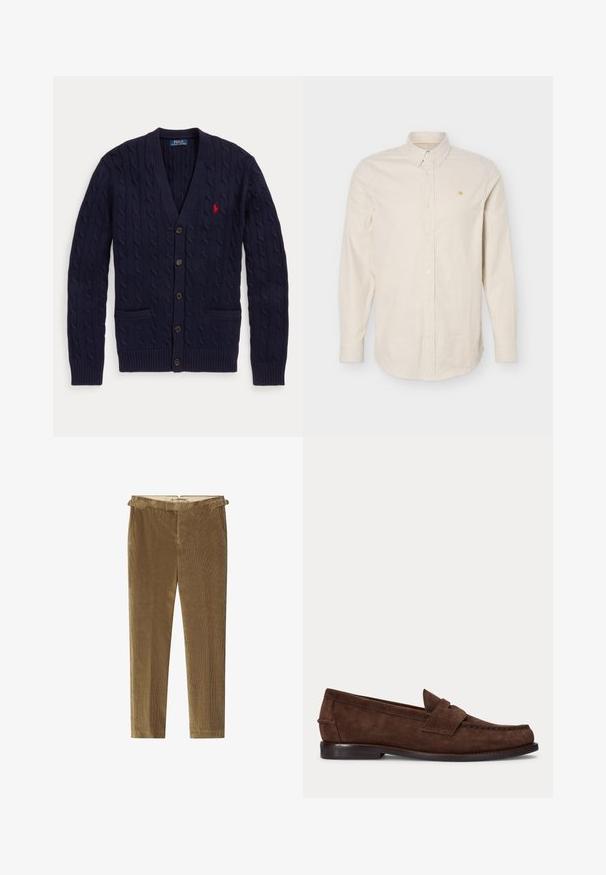 Tmavomodrý pletený kardigán s výstrihom do V, s piatimi gombíkmi, dvoma prednými vreckami a červeným vyšívaným logom Polo Ralph Lauren na hrudi.; Pánska košeľa s dlhým rukávom na gombíky s béžovými a bielymi vertikálnymi pruhmi a malým žltým vyšívaným logom na ľavej strane hrude.; Hnedé kordové nohavice so strihom straight-leg, s jemnou ribbed textúrou a pútkami na opasok v pase.; Hnedý semišový penny loafer s nízkym opätkom a viditeľným prešitím pozdĺž špičky, bokov a zadnej časti, zobrazený na jednolivom svetlom pozadí.