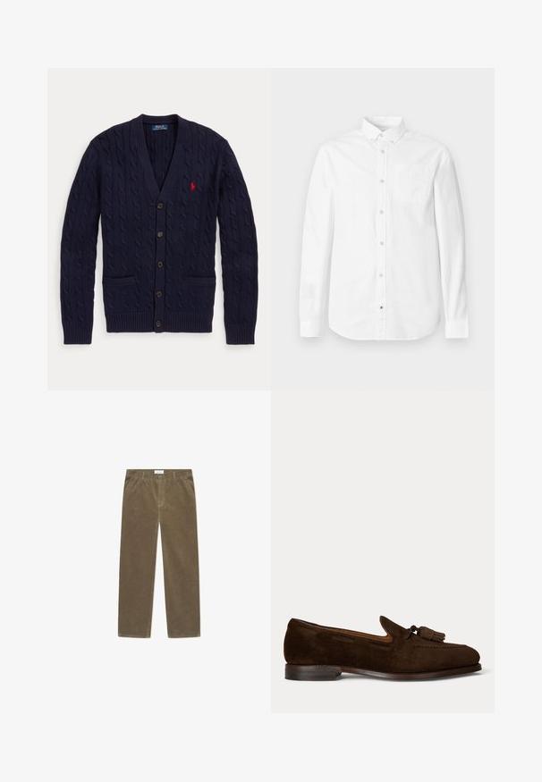 Tumesinine kaablikootud kardigan V-kaelusega, viie nupu, kahe eesmise tasku ja punase tikkpildiga Polo Ralph Lauren logoga rinnal.; Valge pikka varrukaga särk, valmistatud puuvillast. Omab nööbitavat kraed, ees taskut ja peent tekstuuri. Sirge alanurk koos nööpidega.; Pruunid corduroy püksid sirge lõikega, millel on ees nuppude sulgemine ja kaks külgtaskut. Tekstureeritud kangas vertikaalsete soontega.; Tumepruun meeste mokassiin seemisnahast, tutidega ja madala kihilise kontsaga, helel ühevärvilisel taustal.