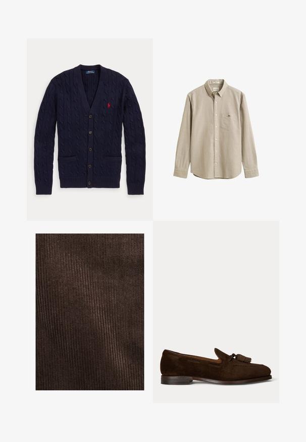 Marineblauer Zopfmuster-Cardigan mit V-Ausschnitt, fünf Knöpfen, zwei Fronttaschen und rotem Polo Ralph Lauren Logo auf der Brust.; Beiges langärmliges Hemd mit Kragen, Brusttasche und kleinem gesticktem Logo auf der Tasche. Das Hemd ist auf einem schlichten Hintergrund zu sehen.; Braunes Cordura-Gewebe mit vertikalen Rippungen, weicher Textur und einer tiefen, reichen Farbe, geeignet für Polsterungen oder Kleidung.; Dunkelbrauner Wildleder-Herrenschuh mit Quasten und niedrigem, gestapeltem Absatz auf schlichtem hellem Hintergrund.