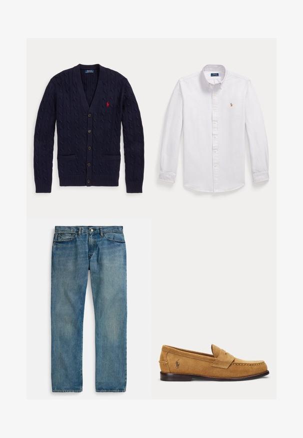 Marineblauer Zopfmuster-Cardigan mit V-Ausschnitt, fünf Knöpfen, zwei Fronttaschen und rotem Polo Ralph Lauren Logo auf der Brust.; Langärmliges weißes Hemd mit dünnen hellgrauen Streifen und kleinem besticktem Polo Ralph Lauren-Logo auf der linken Brust.; Hellblaue Jeans aus Denim mit geradem Bein, fünf Taschen, Knopfverschluss und dezenter Used-Optik für mehr Textur.; Hellbrauner Veloursleder-Slipper mit genähten Details und kleinem besticktem Pferde-Logo an der Seite, mit niedrigem Holzabsatz und Schlupf-Design.