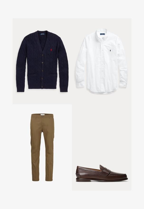 Tumesinine kaablikootud kardigan V-kaelusega, viie nupu, kahe eesmise tasku ja punase tikkpildiga Polo Ralph Lauren logoga rinnal.; Valge pikkade varrukatega nööpidega särk kraega, vasakul rinnal väike tumedat värvi logo, asetatud tasaselt heledale taustale.; Pruuni kohandatud püksid kitsas lõikes, millel on sile tekstuur, vöökohtade silmad ja ühe nupuga kinnitus vöökohtade juures.; Tumepruun nahast penny loafer, millel on õmblemise detailid ja madal virnastatud kannaosa, nähtud küljelt tavalise tausta peal.