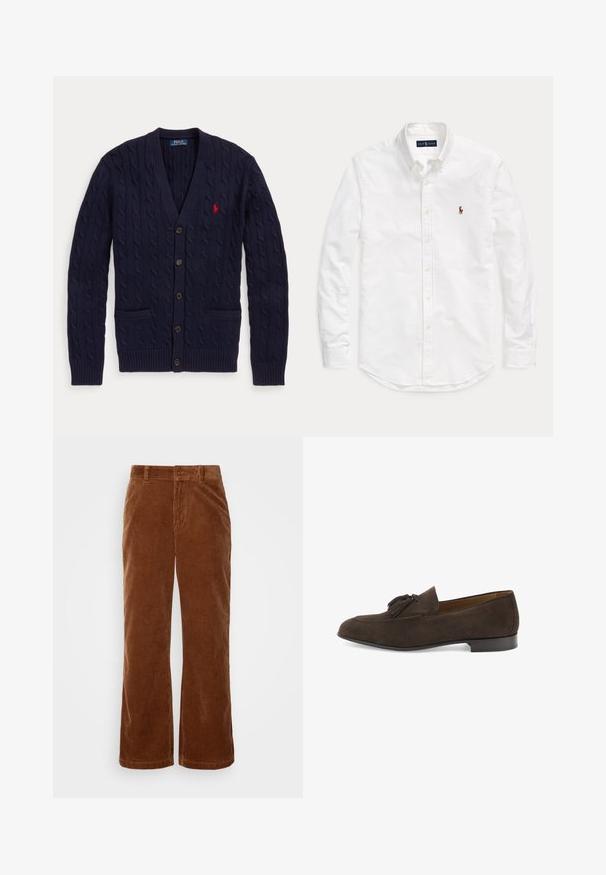 Tumesinine kaablikootud kardigan V-kaelusega, viie nupu, kahe eesmise tasku ja punase tikkpildiga Polo Ralph Lauren logoga rinnal.; Valge pika varrukaga nööpidega särk, kraega ja vasakul rinnal väikese tikitud logoga, laotatud tasaselt üheltaustal.; Pruunid kohandatud lõikega triiksärkide püksid, millel on vertikaalne ribakoe, nööbikinnitus ja tavalised vöökohad.; Tumeda pruuni värvi meeste seemisnahast kinga tutikestega, madala kontsaga ja ümmarguse varbaga, esitatuna profiililt valgel taustal.