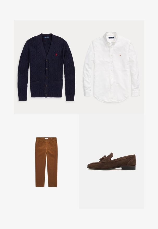 Tmavomodrý pletený kardigán s výstrihom do V, s piatimi gombíkmi, dvoma prednými vreckami a červeným vyšívaným logom Polo Ralph Lauren na hrudi.; Biela košeľa s dlhým rukávom na gombíky s golierom a malým vyšívaným logom na ľavej strane hrudníka, položená na rovnom povrchu na jednoduchom pozadí.; Hnedé kordové nohavice s rovnýmm strihom, s prednými vreckami, zapínaním na gombík a vertikálnym pruhovaným vzorom.; Hnedé semišové mokasíny s nízkym podpätkom, zdobené dekoratívnym třásňom a prešívanými detailmi po stranách. Hladký povrch a rafinovaný tvar.