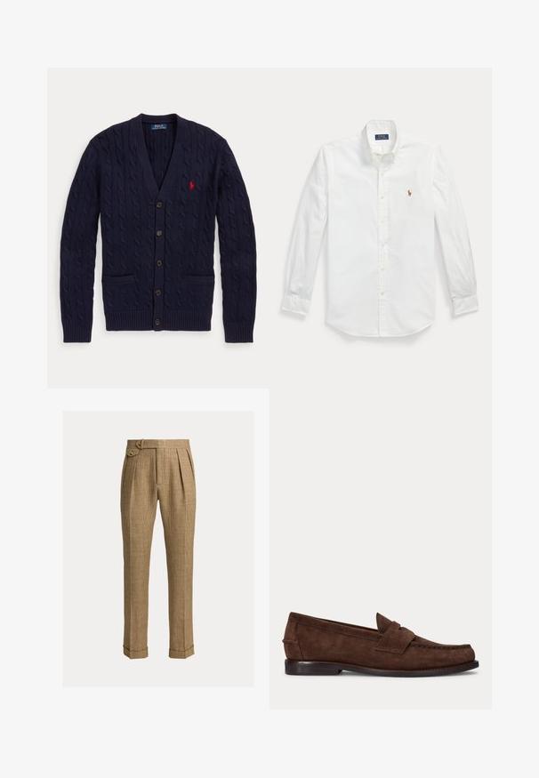 Tmavomodrý pletený kardigán s výstrihom do V, s piatimi gombíkmi, dvoma prednými vreckami a červeným vyšívaným logom Polo Ralph Lauren na hrudi.; Biela košeľa s dlhým rukávom na gombíky, golier s gombíkmi a malé vyšívané logo Polo Ralph Lauren na ľavej strane hrudníka.; Hnedé kárované nohavice s vysokým pásom, záhybmi, bočnými vreckami, zapínaným bočným remienkom, manžetami a upravenými rovnými nohavicami.; Hnedý semišový penny loafer s nízkym opätkom a viditeľným prešitím pozdĺž špičky, bokov a zadnej časti, zobrazený na jednolivom svetlom pozadí.