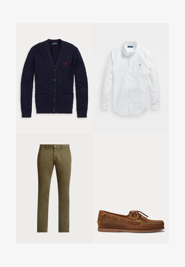 Tumesinine kaablikootud kardigan V-kaelusega, viie nupu, kahe eesmise tasku ja punase tikkpildiga Polo Ralph Lauren logoga rinnal.; Valge puuvillane nööbiga särk klassikalise kraega, pikkade varrukatega ja väike brodeeritud logo vasakul rinnal.; Polo Ralph Lauren BEDFORD STRETCH SLIM FIT CHINO PANT - Chino-püksid - canopy olive; Pruun nahast paatjalats mokasiinõmblusega, paela detail metallist silmuste kaudu tõmmatud ja lame kummist tald küljepealt vaadatuna.