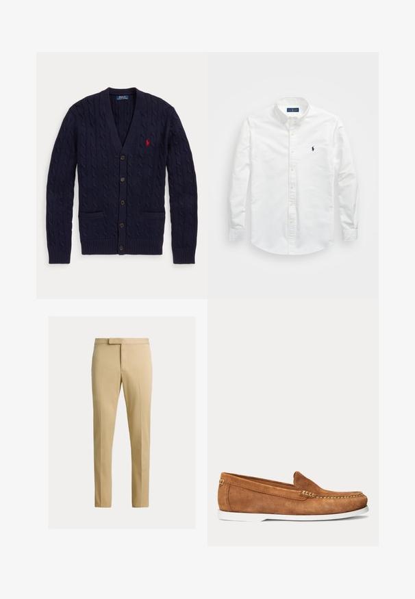 Marineblauwe kabelgebreide cardigan met V-hals, vijf knopen, twee voorzakken en rood geborduurd Polo Ralph Lauren-logo op de borst.; Witte button-up shirt van katoen. Voorzien van een puntige kraag, lange mouwen en een klein marineblauw logo op de borst. Gladde textuur.; Beige slim-fit broek met voorplooi, riemlussen en verborgen voorsluiting op een effen lichte achtergrond.; Bruine suède loafer met witte zool en beige stiksels langs de teen en bovenrand, zijaanzicht op een effen achtergrond.