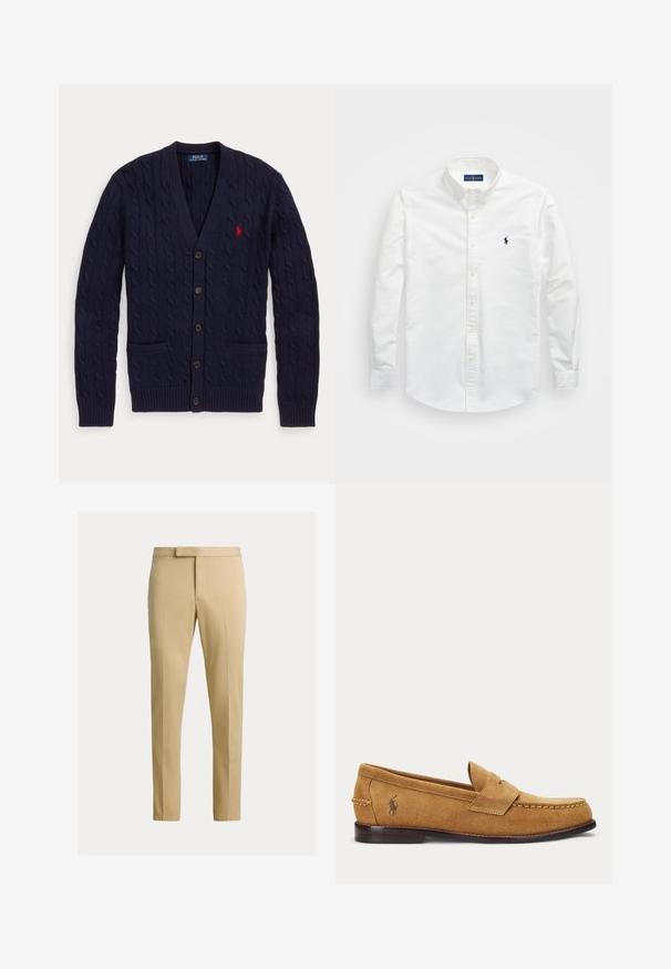 Tumesinine kaablikootud kardigan V-kaelusega, viie nupu, kahe eesmise tasku ja punase tikkpildiga Polo Ralph Lauren logoga rinnal.; Valge puuvillane särk, millel on nokk-krae, pikad varrukad ja väike tumesinine logo rinnal. Sile pind.; Beežid kitsad püksid esiosa voltidega, vööaukudega ja peidetud eesmise kinnitusega ühevärvilisel heledal taustal.; Pruun sametpinnaga loafer õmmeldud detailide ja väikese tikitud hobuse logoga küljel, madala puidust kontsaga ja libistatava disainiga.