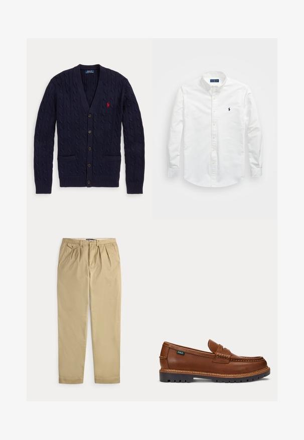 Marineblauer Zopfmuster-Cardigan mit V-Ausschnitt, fünf Knöpfen, zwei Fronttaschen und rotem Polo Ralph Lauren Logo auf der Brust.; Weißes Button-Down-Hemd aus Baumwolle. Verfügt über einen spitzen Kragen, lange Ärmel und ein kleines marineblaues Logo auf der Brust. Glatte Textur.; Beige plissierte Hose mit Seitentaschen, kleinem knopfverschlossenen Münzfach rechts, Gürtelschlaufen und vorderer Knopf- und Reißverschlussöffnung.; Brauner Lederloafer mit aufgenähten Details, robuster schwarzer Sohle und kleinem "Polo"-Etikett an der Seite.