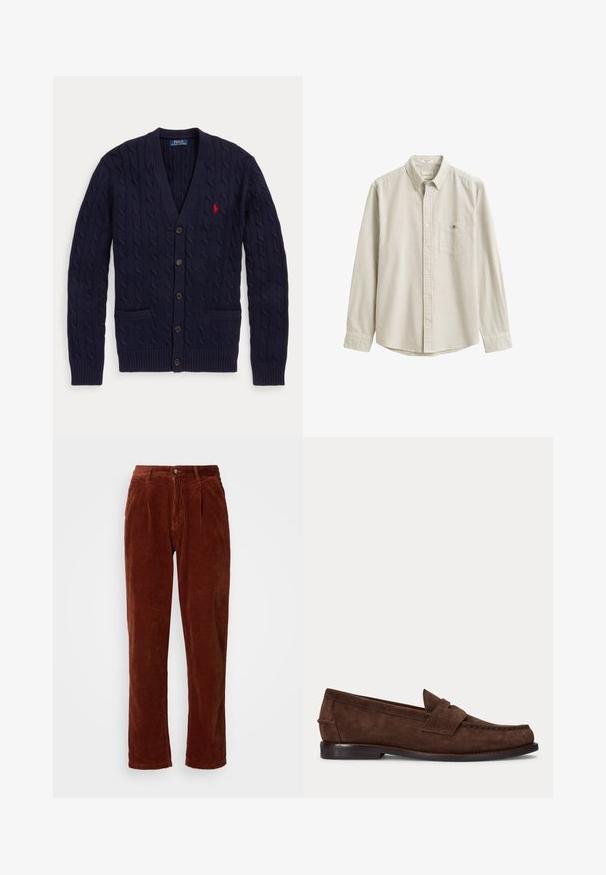 Tmavomodrý pletený kardigán s výstrihom do V, s piatimi gombíkmi, dvoma prednými vreckami a červeným vyšívaným logom Polo Ralph Lauren na hrudi.; Béžová a biela košeľa s vertikálnymi pruhmi, s dlhým rukávom, golierom a vreckom na hrudi, vystavená naplocho bez osoby.; Kordúrové nohavice v bohatej hnedej farbe; majú preložený predok, rovné nohavice a zapínanie na gombík v páse.; Hnedý semišový penny loafer s nízkym opätkom a viditeľným prešitím pozdĺž špičky, bokov a zadnej časti, zobrazený na jednolivom svetlom pozadí.