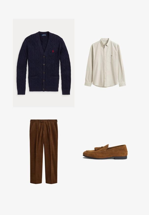 Tmavomodrý pletený kardigán s výstrihom do V, s piatimi gombíkmi, dvoma prednými vreckami a červeným vyšívaným logom Polo Ralph Lauren na hrudi.; Béžová a biela košeľa s vertikálnymi pruhmi, s dlhým rukávom, golierom a vreckom na hrudi, vystavená naplocho bez osoby.; Hnedé kordové nohavice s záhybmi, bočnými vreckami, pútkami na opasok a zapínaním na gombík v páse, zobrazené naplocho na bielom pozadí.; Hnedý semišový pánsky mokasín s detailom strapcov a nízkou čiernou podrážkou, bočne reliéfne s názvom značky.