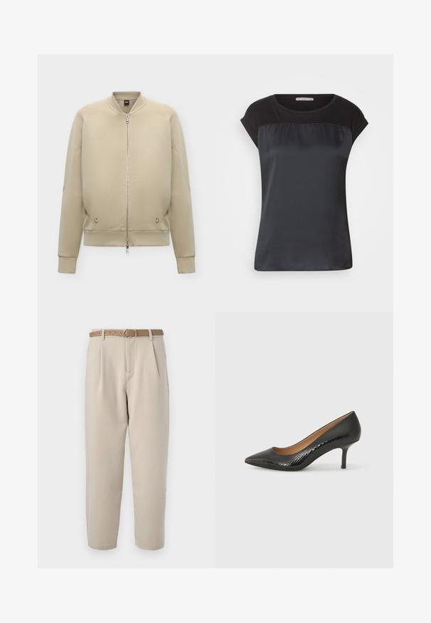 Veste bomber beige avec fermeture éclair intégrale à l'avant, col, poignets et ourlet côtelés, et poches latérales discrètes.; Haut noir à manches courtes avec un panneau avant satiné et un tissu mat contrastant sur les épaules. Texture lisse avec une coupe décontractée.; Pantalons beige ajustés avec des plis avant, une ceinture marron et une boucle ronde. Le tissu semble lisse avec une coupe droite.; Escarpin en cuir verni noir avec un bout pointu, finition texturée ressemblant à de la peau de serpent, et un talon aiguille fin.