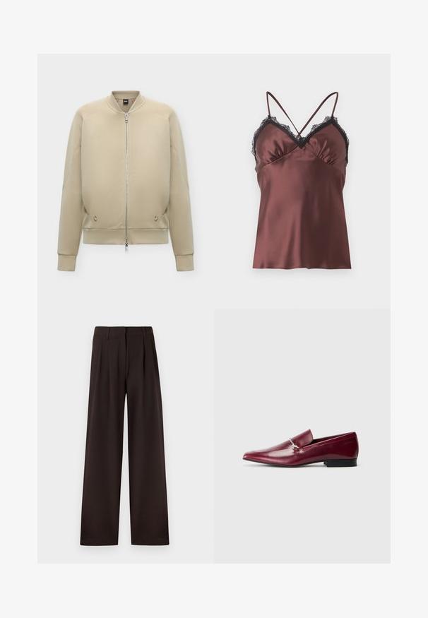 Veste bomber beige avec fermeture éclair intégrale à l'avant, col, poignets et ourlet côtelés, et poches latérales discrètes.; Topshop TRIM - Débardeur - chocolate brown; Pantalon marron foncé à jambes larges avec plis et passants pour ceinture, doté d'une fermeture éclair avant et d'un ourlet net sur un fond uni.; Mocassins en cuir bordeaux avec bout pointu et talon plat noir, ornés d'une chaîne en métal argenté sur le devant. Texture lisse.