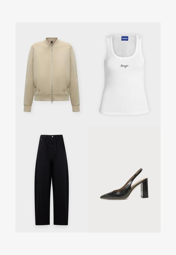Veste bomber beige avec fermeture éclair intégrale à l'avant, col, poignets et ourlet côtelés, et poches latérales discrètes.; Débardeur blanc sans manches avec encolure ronde, "hugo" brodé en noir au centre de la poitrine, et étiquette bleue HUGO à l’intérieur du col.; Pantalon noir taille haute à jambes larges avec fermeture par bouton et zip devant, avec poches latérales et passants de ceinture sur un fond clair.; Chaussure slingback en cuir noir à bout pointu avec un talon bloc haut et une doublure intérieure beige sur un fond clair uni.