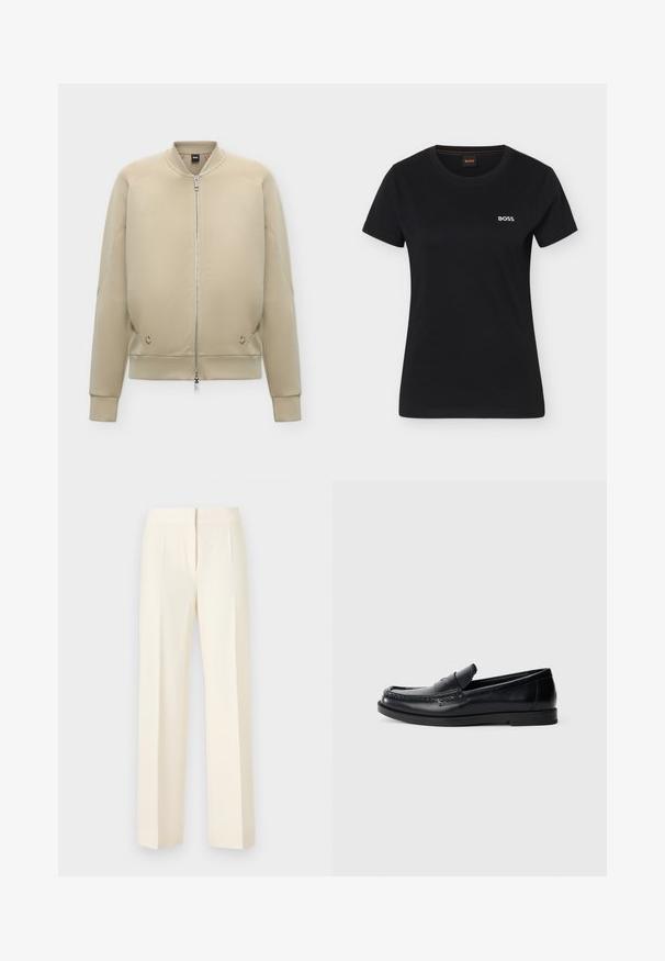Veste bomber beige avec fermeture éclair intégrale à l'avant, col, poignets et ourlet côtelés, et poches latérales discrètes.; T-shirt noir à manches courtes pour femmes avec encolure ronde et petit logo blanc "BOSS" sur le côté gauche de la poitrine.; Pantalon droit sur mesure couleur blanc cassé avec pli avant, ceinture et fermeture avant dissimulée sur un fond uni.; Mocassins en cuir noir avec un design d'accent cousu, bout rond, semelle plate en caoutchouc et finition lisse. Silhouette classique et polyvalente.
