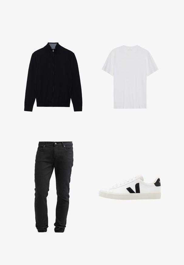 Zwarte zip-up jas met een hoge kraag, geribde manchetten en twee zijzakken. Gemaakt van een gladde, textuurrijke stof.; Witte katoenen T-shirt met korte mouwen, een ronde hals en een gladde textuur. Heeft minimale branding op de halslijn.; Zwarte slim-fit jeans met knoop- en ritssluiting, vijf zakken en elastische boorden bij de enkels.; Witte leren sneaker met zwarte suède accenten; voorzien van een rubberen zool, ronde neus en een klassieke vetersluiting. Zijkant met logo in het zwart.