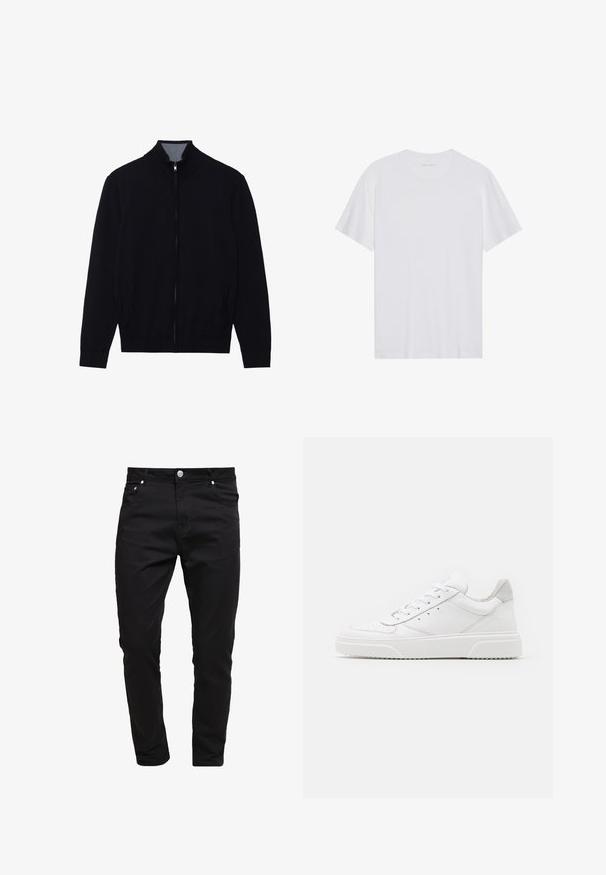 Zwarte zip-up jas met een hoge kraag, geribde manchetten en twee zijzakken. Gemaakt van een gladde, textuurrijke stof.; Witte katoenen T-shirt met korte mouwen, een ronde hals en een gladde textuur. Heeft minimale branding op de halslijn.; Zwarte spijkerbroeken van denim stof, slim fit ontwerp, vijf-pocket stijl, met metalen knoopsluiting, gestikte details en een zachte textuur.; Witte leren sneakers met een gladde afwerking, ronde neus, platte veters en een gestructureerde zool. Grijze suède accent bij de hiel.