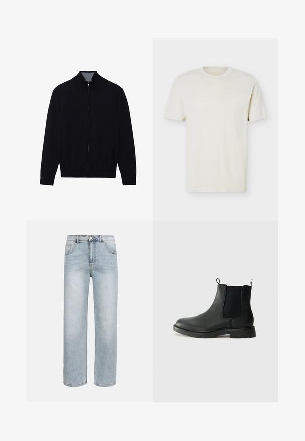 Chaqueta negra con cremallera y cuello alto, puños de canalé y dos bolsillos laterales. Fabricada en un material suave y texturizado.; Camiseta lisa de algodón color blanco hueso, cuello redondo y manga corta, con un logo sutil en el pecho izquierdo, presentada sobre un fondo blanco plano.; Jeans azul claro de pierna recta con bolsillos delanteros, cierre de botón y un sutil desgaste en los muslos y las rodillas.; Botas Chelsea de cuero negro con paneles laterales elásticos, lengüetas para tirar, puntera redondeada y suela de goma texturizada. Superficie lisa y diseño robusto.