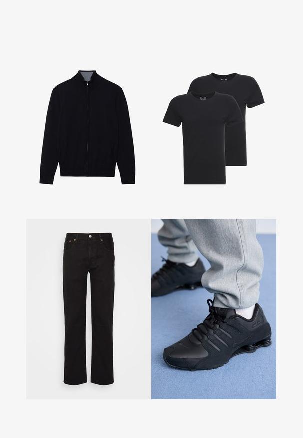 Zwarte zip-up jas met een hoge kraag, geribde manchetten en twee zijzakken. Gemaakt van een gladde, textuurrijke stof.; Twee zwarte katoenen t-shirts met korte mouwen en een ronde halslijn. De stof lijkt glad en vertoont geen patronen of zichtbare merknaam.; Zwarte recht gesneden jeans gemaakt van katoen. Heeft vijf zakken, een metalen knoop en oranje stikselaccenten aan de voorkant.; Persoon in zwarte Nike Shox sneakers en een grijze joggingbroek staand op een lichtblauw tapijt.