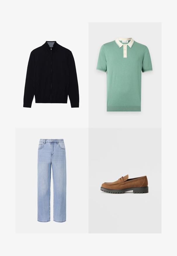 Zwarte zip-up jas met een hoge kraag, geribde manchetten en twee zijzakken. Gemaakt van een gladde, textuurrijke stof.; Korte mouw groene gebreide polo met contrasterende witte kraag en knopenlijst, geribbelde manchetten en zoom.; Lichtblauwe denim jeans met een ontspannen, wijde pasvorm. Kenmerken zijn onder andere vijf zakken, een sluiting met een knoop aan de voorkant en subtiele vervaging.; Bruine suede instappers met een ronde neus en een lage zwarte rubberen zool, met een decoratieve band en stiksel details op het bovenwerk.