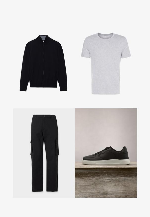 Zwarte zip-up jas met een hoge kraag, geribde manchetten en twee zijzakken. Gemaakt van een gladde, textuurrijke stof.; Grijze katoenen t-shirt met een ronde hals, korte mouwen en een eenvoudige uitstraling, met een zachte, gladde textuur en zonder zichtbare patronen of versieringen.; Zwarte straight-leg cargobroek met knoop- en ritsluiting, riemlussen en klepzakken op beide dijen.; Zwarte sneaker met witte zool zwevend boven een houten bank, groene loofbomen op de vervaagde achtergrond.