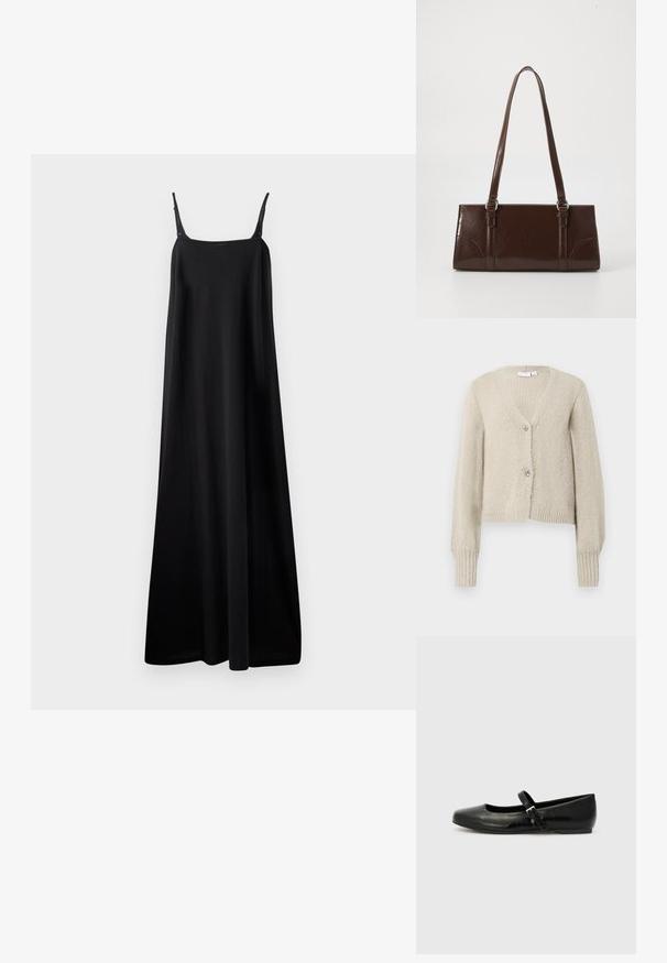 Beige strikket cardigan med lange ærmer, V-hals, ribbede manchetter og kant, samt to dekorative sølvfarvede bueformede knapper.; Sort ærmeløs maxikjole med en lige silhuet, lavet af glat stof. Har tynde stropper og en rund halsudskæring.; Sorte læder balletflade med rund tå, flad sål og en tynd justerbar rem over svangen med en metalspænde.; Brun lakeret håndtaske med rektangulær form, to lange håndtag og subtile buede detaljer på fronten.