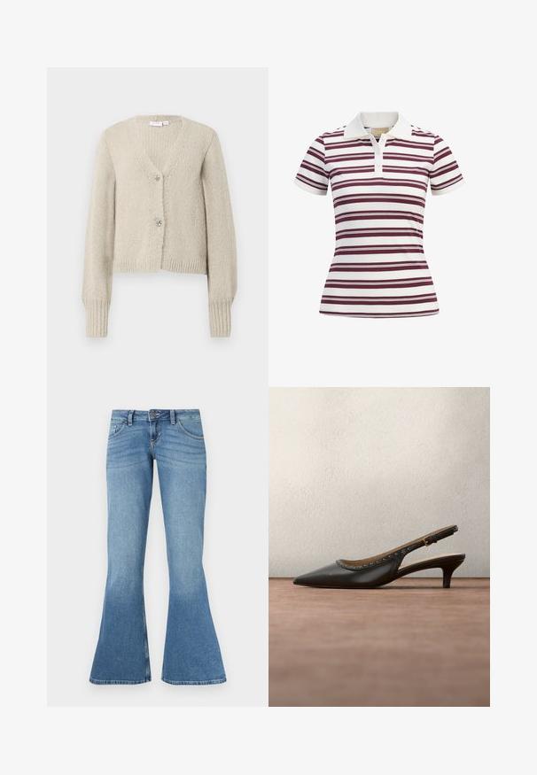 Beige gebreide cardigan met lange mouwen, V-hals, geribde manchetten en zoom, en twee decoratieve zilverkleurige strikvormige knopen.; Korte mouwen polo shirt met horizontale bordeauxrode en witte strepen, gemaakt van zachte stof met een klassieke kraag en een knoopsluiting met drie knopen.; Blauwe denim flared jeans met een hoge taille, voorzien van vijf zakken, contrasterende stiksels en een lichte kleurverloop naar de zoom toe.; Zwart leren slingbackschoen met een spitse neus, gouden studaccenten langs de rand en een bescheiden hak. Soepele textuur en slank design.