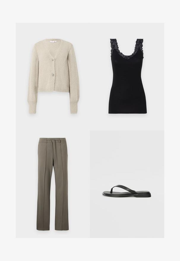 Beige strikket cardigan med lange ærmer, V-hals, ribbede manchetter og kant, samt to dekorative sølvfarvede bueformede knapper.; Sort ærmeløs top med v-hals. Har blondekant langs halsudskæringen og skuldrene. Blødt, strækbart stof med en tætsiddende design.; Khaki bukser med lige ben, snøre i livet og to forfold. Fremstillet af et blødt, struktureret stof.; Sorte flip-flops lavet af glat læder, med et tyndt remdesign og en flad sål med et minimalt profil. Ingen bemærkelsesværdige mønstre eller accenter.