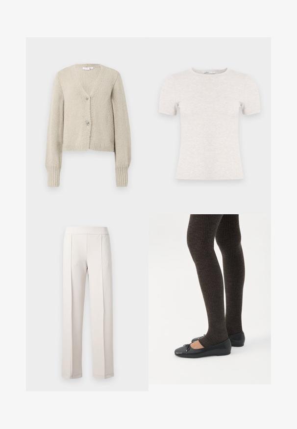 Beige strikket cardigan med lange ærmer, V-hals, ribbede manchetter og kant, samt to dekorative sølvfarvede bueformede knapper.; Lysegrå kortærmet t-shirt lavet af ribstrikket stof med rund halsudskæring. Simpelt design, glat tekstur, uden synlige mønstre eller accenter.; Lys beige vidde bukser lavet af glat stof, der har høj talje, to frontfoldninger og en ren, skræddersyet finish.; Ben iført mørke ribbede leggings kombineret med sorte balletsko med små sløjfedetaljer på hvid baggrund.