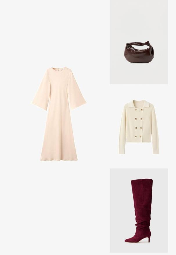Cardigan en maille de couleur crème avec des boutons double boutonnage en écaille de tortue, un large col, des poignets et une ceinture côtelés.; Robe longue beige avec manches larges en cloche et encolure ronde, longueur au sol, design simple et élégant.; Botte pour femmes en suède bourgogne, haute et fine, avec un bout pointu, un talon slim de hauteur moyenne et un tige élastique.; Sac bandoulière en cuir marron foncé avec une forme souple et décontractée et une anse nouée torsadée sur un fond blanc uni.