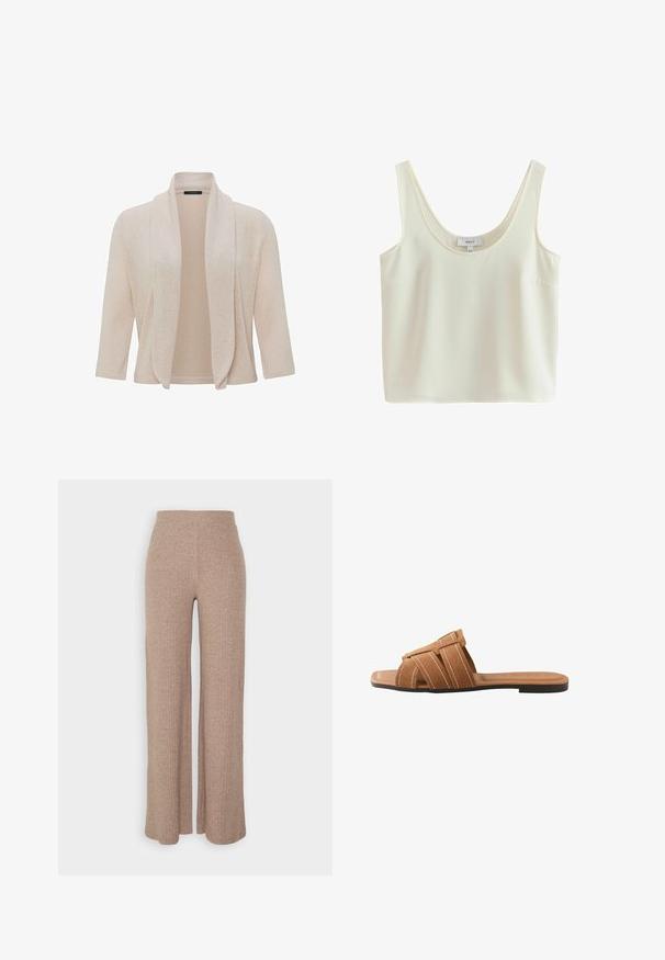 Gilet beige avec une texture tricotée douce, un design à l'avant ouvert et des manches trois-quarts. Tissu lisse avec des détails de couture subtils.; Débardeur court sans manches couleur crème avec larges bretelles et encolure dégagée, en tissu lisse.; Pantalons larges en beige à côtes avec une taille haute et une texture douce, présentant une coupe loose et sans fermetures visibles.; Sandale plate en daim marron avec trois lanières cousues en blanc à travers le pied et une semelle noire.