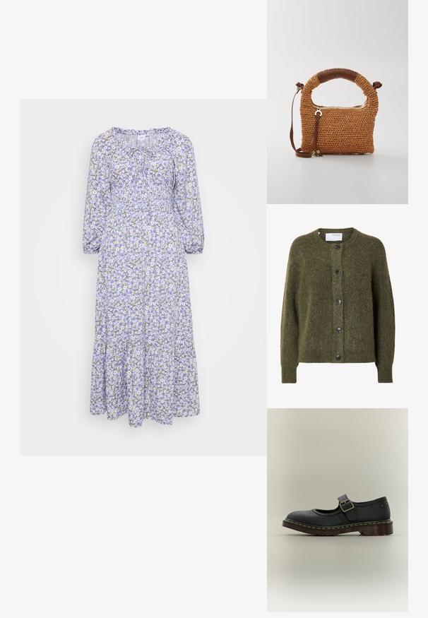 Cárdigan oscuro verde oliva con textura suave, botones, mangas largas y escote redondo, con etiqueta "SELECTED FEMME" en el interior del cuello.; Vestido floral con base lila, adornado con flores blancas y amarillas. Mangas largas, escote fruncido y dobladillo en capas. Tela ligera.; Zapato Mary Jane de cuero negro con correa de hebilla, perforaciones decorativas florales y suela gruesa marrón con costuras amarillas.; Bolso de mano tejido marrón con un asa redondeada. Presenta un cierre con cremallera y una correa ajustable, complementado por un acento de cuero en el asa.