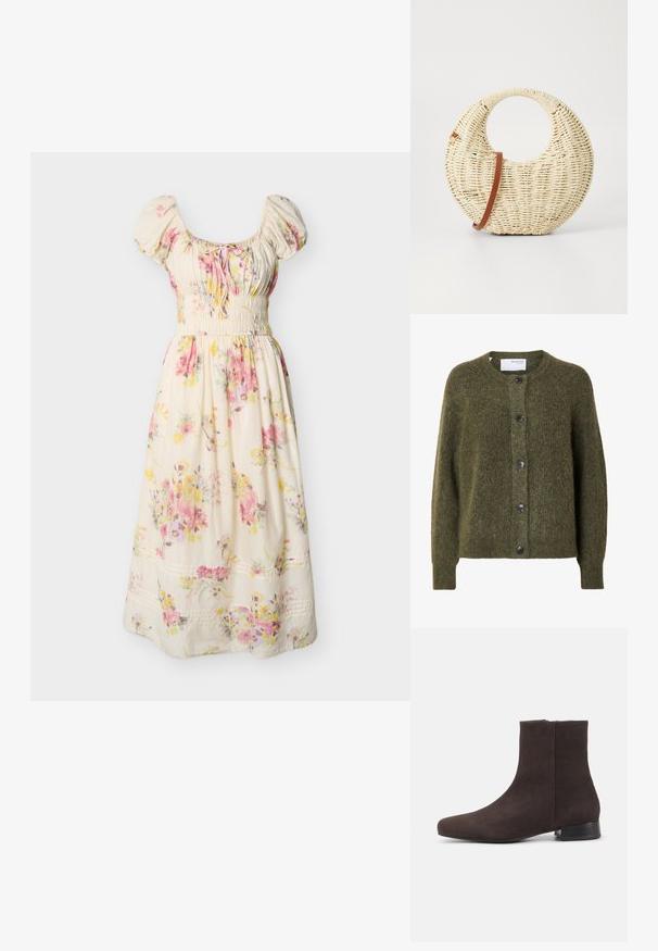 Mørk olivengrøn, blød cardigan med knapper, lange ærmer og rund halsudskæring, mærket "SELECTED FEMME" indeni kraven.; Flødefarvet midikjole med pink og gul blomsterprint, pufærmer, rynket talje og bindedetalje ved rund halsudskæring.; Mørkebrun ruskind ankelstøvle med lav blokhæl og sidelås, slank rundet tå, på ensartet lys baggrund.; Rund flettet taske i naturligt strå med en tekstureret overflade. Har en glat brun læderrem og et cirkulært håndtag.
