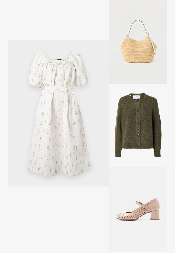 Mørk olivengrøn, blød cardigan med knapper, lange ærmer og rund halsudskæring, mærket "SELECTED FEMME" indeni kraven.; Hvid kjole med blomsterprint i pastelfarver. Har pufærmer, en smocket buste og et bindebælte i taljen. Længden går til under knæet.; Beige læder Mary Jane sko med en rundet tå, perforeret design og en blokhæl. Har en sidebånd med spænde for en sikker pasform.; Beige flettet stråhåndtaske med hvidt læderkanter og justerbar skulderrem, vist mod en ensartet lys baggrund.