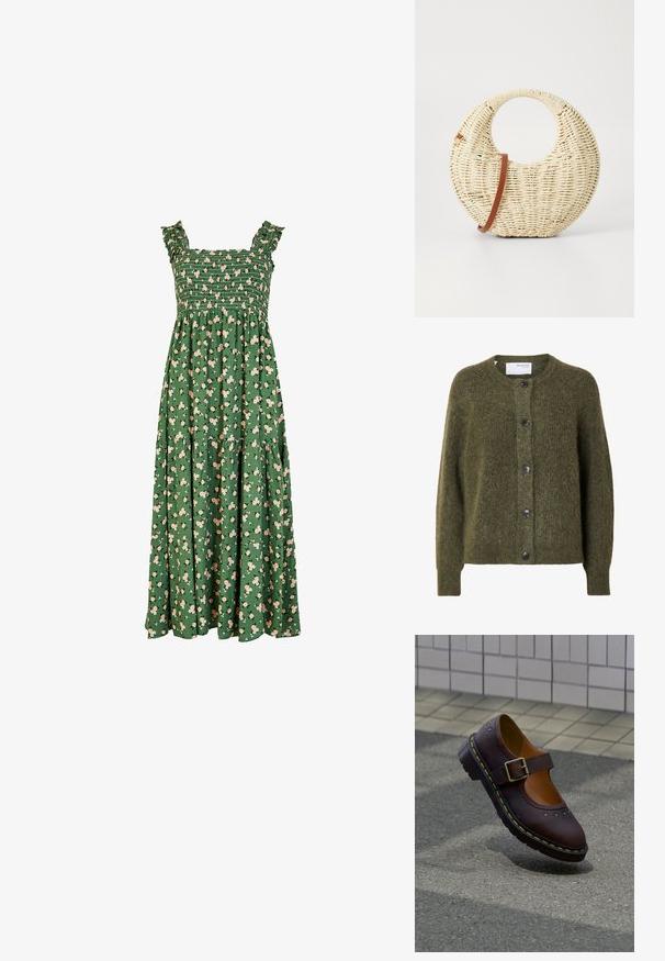 Mørk olivengrøn, blød cardigan med knapper, lange ærmer og rund halsudskæring, mærket "SELECTED FEMME" indeni kraven.; Grøn maxi kjole med smocket bodice, voluminøse stropper og et blomstermønster med lyserøde blomster. Inkluderer et flerlagsskørt design.; Mørkebrunt læder Mary Jane-sko med spænde, blomsterudskæringer og tyk sort sål med gul syning, hvilende på fortov ved siden af en flisebelagt væg.; Rund flettet taske i naturligt strå med en tekstureret overflade. Har en glat brun læderrem og et cirkulært håndtag.