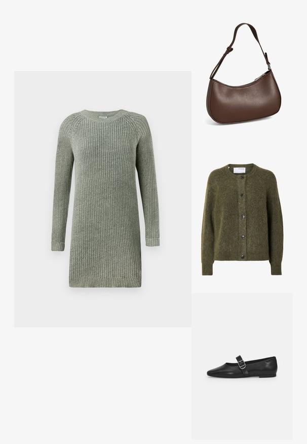 Mørk olivengrøn, blød cardigan med knapper, lange ærmer og rund halsudskæring, mærket "SELECTED FEMME" indeni kraven.; Chunky strikket sweaterkjole i blød salviegrøn, med rund halsudskæring, lange ærmer og ribbede manchetter og kant for tekstur.; Sorte læder flade sko med rund tå, et enkelt justerbart spænde og en glat, blank overflade. Minimalistisk design med en lav hæl.; Lille brun skuldertaske i læder med justerbar rem og lynlåslukning, vist mod hvid baggrund. Ingen synligt branding eller dekorationer.