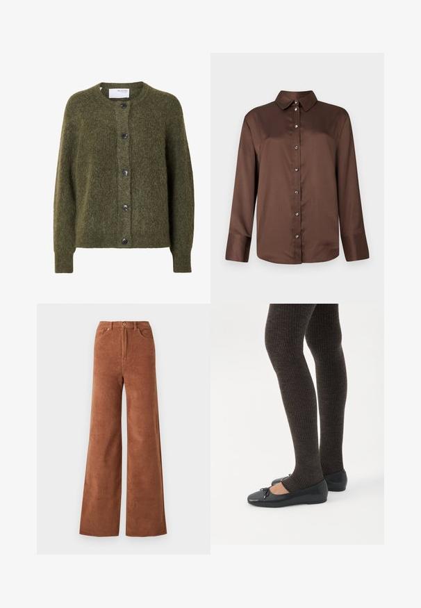 Mørk olivengrøn, blød cardigan med knapper, lange ærmer og rund halsudskæring, mærket "SELECTED FEMME" indeni kraven.; Brun langærmet skjorte med knapper foran og klassisk krave, med sølvfarvede knapper og et glat, tekstureret stof.; Bredane corduroy bukser i en dyb brun farve, med lodrette ribber, frontlommer og knaplukning i taljen.; Ben iført mørke ribbede leggings kombineret med sorte balletsko med små sløjfedetaljer på hvid baggrund.
