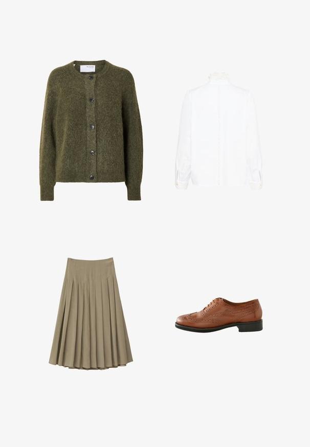 Dunkel olivgrüner, flauschiger Cardigan mit Knopfleiste, langen Ärmeln und rundem Ausschnitt, innen am Kragen mit „SELECTED FEMME“ beschriftet.; Weiße Bluse mit langen Ärmeln, Spitzenhochkragen und Spitzenmanschetten, mit einer vertikalen Spitzenborte entlang der Rückseite in der Mitte.; Beigefarbener plissierter Midirock mit hoher Taille, gleichmäßig verteilten vertikalen Falten und ausgestellter A-Linien-Silhouette.; Braune Leder-Brogue-Schuhe mit perforierten Details, runder Zehenform und niedrigem schwarzen Absatz. Ausgestattet mit einer klassischen Schnürung.