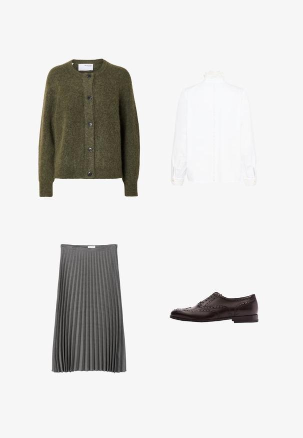 Donkergroene, zachte, gebreide cardigan met knopen, lange mouwen en een ronde hals, met het label "SELECTED FEMME" aan de binnenkant van de kraag.; Witte blouse met lange mouwen, voorzien van een kanten hoge kraag en manchetten, met een verticale kanten bies langs de achterkant in het midden.; Grijze plissee rok gemaakt van zachte stof. Kenmerkt zich door verticale plooien, een elastische tailleband en een vloeiende vorm die tot halverwege de kuit valt.; Bruine leren schoenen met brogue-details, vetersluiting, ronde neus en een lage gestapelde hak. Gepolijste afwerking en ingewikkelde perforaties.