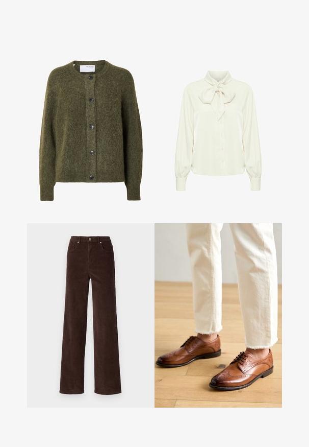 Mørk olivengrøn, blød cardigan med knapper, lange ærmer og rund halsudskæring, mærket "SELECTED FEMME" indeni kraven.; Elfenbenfarvet bluse med en bundet sløjfe krave, lange puffede ærmer og knappelukning foran. Blødt, glat stof med en let glans.; Vero Moda VMTESSA WIDE PANTS - Bukser - chocolate torte; Brune læder brogue sko med perforerede detaljer, rund tå og en glat overflade, parret med cremede bukser med frynset kant.