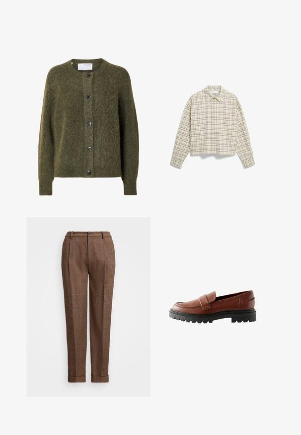Cárdigan oscuro verde oliva con textura suave, botones, mangas largas y escote redondo, con etiqueta "SELECTED FEMME" en el interior del cuello.; Camisa corta abotonada de tela beige claro con patrón de cuadros negros, con cuello puntiagudo y un bolsillo en el pecho.; Pantalones de cuadros marrones con un corte entallado, que presentan pliegues, cierre de botón y dobladillos rematados. Tejido texturizado con acentos naranjas.; Mocasines de cuero marrón con puntera elevada, tira decorativa y suela de goma negra texturizada con un prominente dibujo.