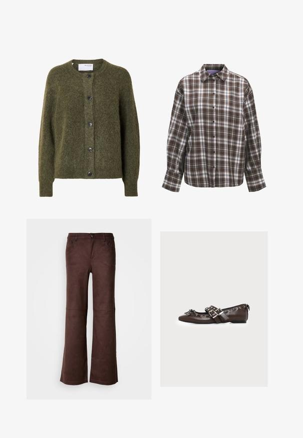 Cárdigan oscuro verde oliva con textura suave, botones, mangas largas y escote redondo, con etiqueta "SELECTED FEMME" en el interior del cuello.; Camisa de manga larga con botones, con patrón de cuadros marrón, negro y blanco y un cuello clásico sobre un fondo blanco.; Pantalones de campana marrones en un tejido suave y parecido al ante. Presentan cuatro bolsillos, un cierre de botón y una superficie lisa y texturizada.; Zapato plano de cuero marrón oscuro con puntera puntiaguda, lazo decorativo, hebillas plateadas y ojales de metal alrededor de los bordes.