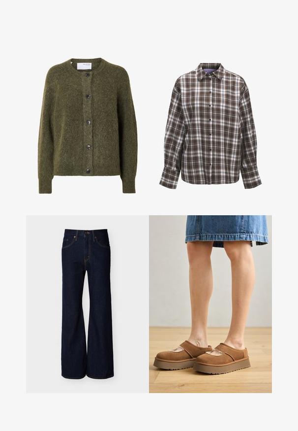 Mørk olivengrøn, blød cardigan med knapper, lange ærmer og rund halsudskæring, mærket "SELECTED FEMME" indeni kraven.; Langærmet skjorte med knapper, brun, sort og hvid ternet mønster og klassisk krave på hvid baggrund.; Mørkeblå denimbukser med høj talje, bred benudskæring, forlommer, knap og lynlås.; Brune ruskindsplatformsko med en rund tå, udskæringer og en solid sål, ledsaget af en denimnederdel i en indstilling med trægulv.