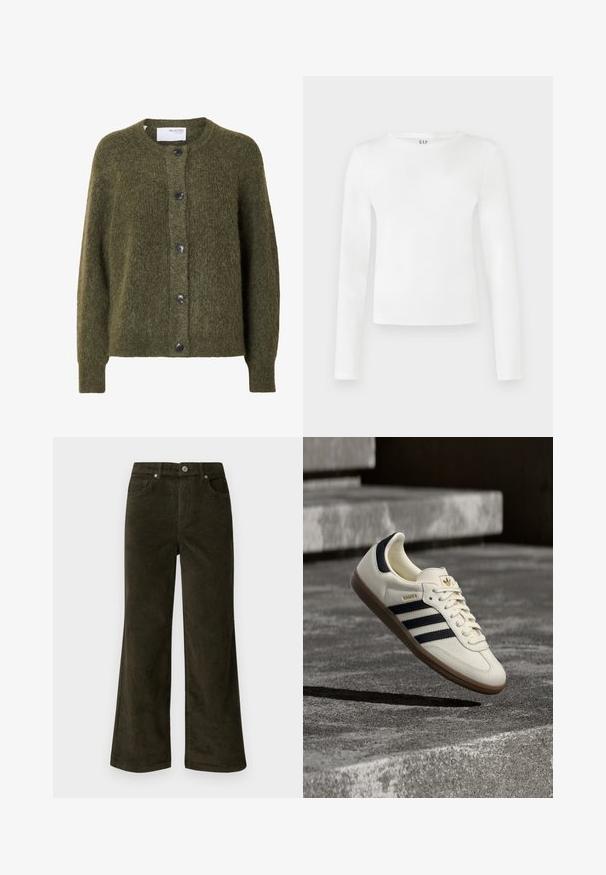 Cardigan vert olive foncé duveteux à boutons, manches longues et col rond, étiquette « SELECTED FEMME » à l'intérieur du col.; Chemise à manches longues et col rond en tissu blanc uni. Présente une silhouette ajustée avec une texture lisse et un logo de la marque discret au niveau du col.; Vero Moda Petite VMTESSA PANTS - Pantalon classique - forest night; Baskets blanches Adidas Samba avec des bandes noires et une semelle en gomme, flottant au-dessus de marches en béton gris texturé.