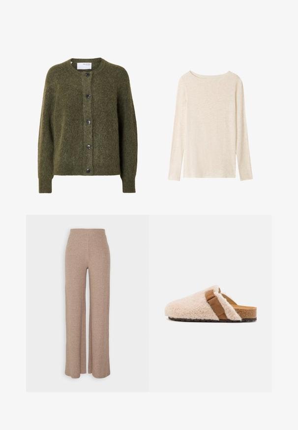 Mørk olivengrøn, blød cardigan med knapper, lange ærmer og rund halsudskæring, mærket "SELECTED FEMME" indeni kraven.; Langærmet, lysebeige striktop med bådudskæring og subtil meleret tekstur.; Beige ribbede vide bukser med høj talje og blød tekstur, der har en løs pasform og ingen synlige lukninger.; Beige shearling slip-on klipklapper med en brun suedebånd, korkfod og struktureret gummiyderside, designet til komfort og afslappet brug.