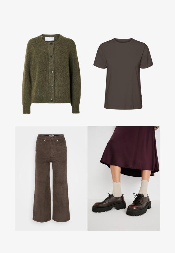 Mørk olivengrøn, blød cardigan med knapper, lange ærmer og rund halsudskæring, mærket "SELECTED FEMME" indeni kraven.; Ensfarvet mørkebrun t-shirt med korte ærmer, rund hals og afslappet pasform vist på hvid baggrund.; Brune bredbenede bukser i kordfløjl med ribbet tekstur, fem lommer og frontlukning med knap. Har et mærke i taljen.; Brune læder platform sko med tykke sorte såler, parret med ribbet beige strømper med bølgede kanter, mod en afdæmpet baggrund.